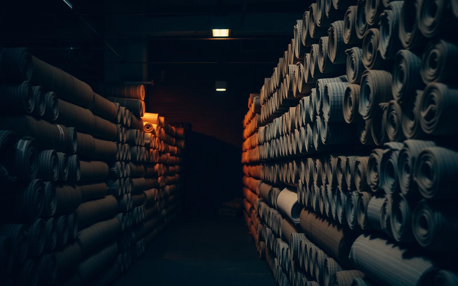 Fabric rolls stacked in the Mapps Creation warehouse in Surat